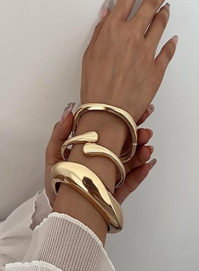 IFKM 3pcs Chunky Gold Bangle Bracelet For Women 14k Gold Plated Trendy Wide Hinged Cuff Open Bracelet Dainty Minimalist Jewelry Gifts - Image 3